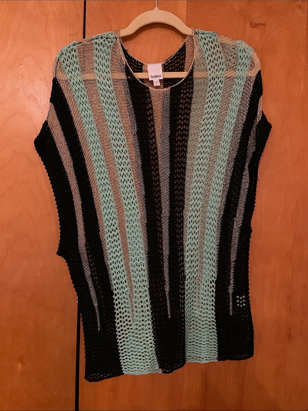 Lightweight Striped Open-Knit Sweater - Black, Mint & Gold